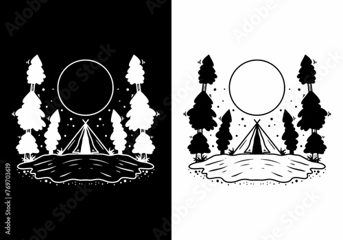 Vector design of outdoor black and white camping scene with two tents set up in natural environment