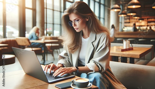 カフェでパソコンをひらく女性 | Woman opening a computer in a cafe Generative AI
