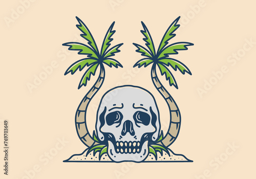 Vector design of a cartoon style illustration featuring a skull and two palm trees on a beach