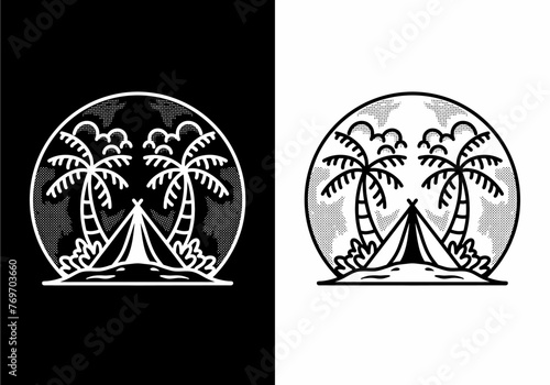 A vector illustration of a logo with palm trees and a camping tent