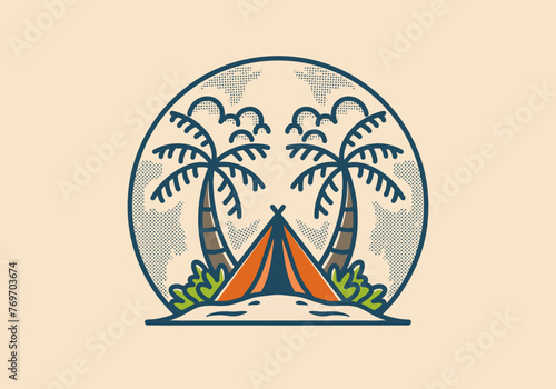 Vector logo design of a camping scene featuring a tent perched atop a rocky mountainside