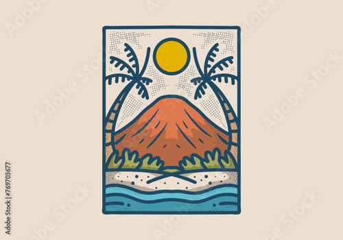 Vector logo design of a mountain range set against a backdrop of sky, with lush palm trees