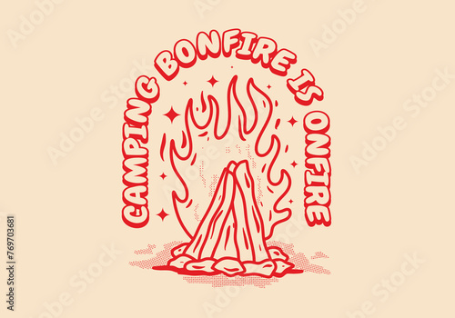 Eye-catching logo featuring a stylized illustration of a burning camping bonfire