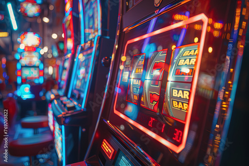 Brightly glowing slot machine in a neon casino interior