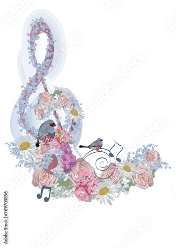 Nature Abstract treble clef decorated with summer and spring decorations: flowers, leaves, notes, birds. Hand drawn musical vector illustration.
