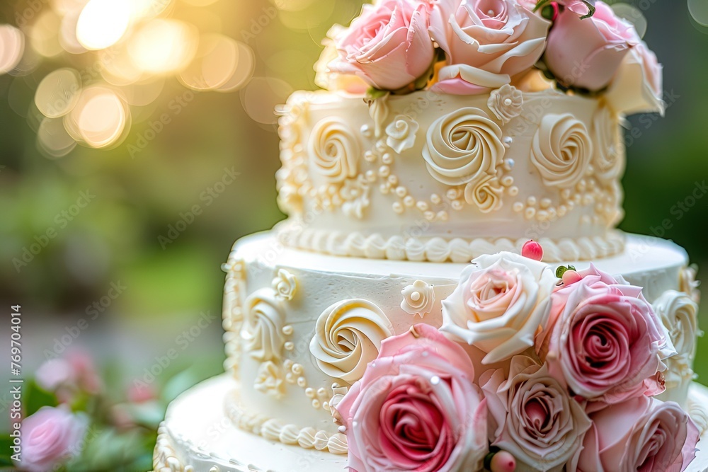 Closeup of a tasty big wedding cake decorated with pink roses and white cream on a blurred background Closeup of a tasty big wedding cake decorated with pink roses and white cream on a blurred background