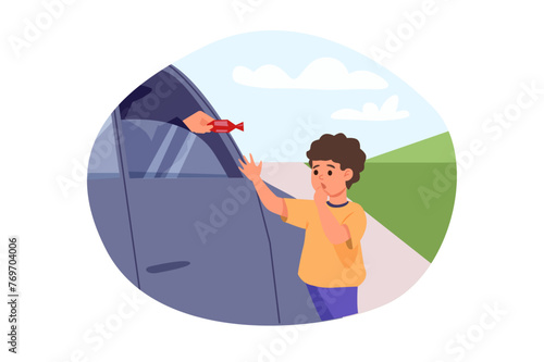 Dangers for kids concept with people scene in flat cartoon design. A little boy wants to take candy from a stranger from a car. Vector illustration.
