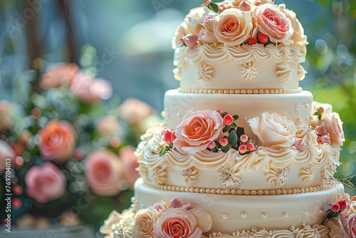 Closeup of a tasty big wedding cake decorated with pink roses and white cream on a blurred background with flower bouquet