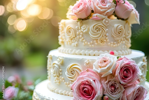 Closeup of a tasty big wedding cake decorated with pink roses and white cream on a blurred background