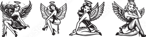 Black and White Pin-Up Angel Girl Silhouettes Collection