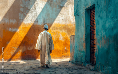 A lone Moroccan man wearing traditional Moroccan clothing walks down an alley in Casablanca
