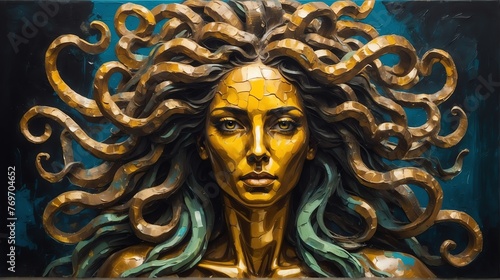 medusa portrait bronze theme oil pallet knife paint painting on canvas with large brush stroke modern art illustration abstract from Generative AI