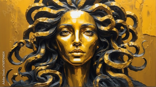 medusa portrait gold theme oil pallet knife paint painting on canvas with large brush strokes modern art illustration abstract from Generative AI