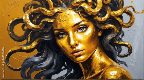 medusa portrait gold theme oil pallet knife paint painting on canvas with large brush strokes modern art illustration abstract from Generative AI