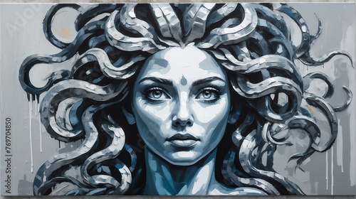 medusa portrait silver theme oil pallet knife paint painting on canvas with large brush stroke modern art illustration abstract from Generative AI