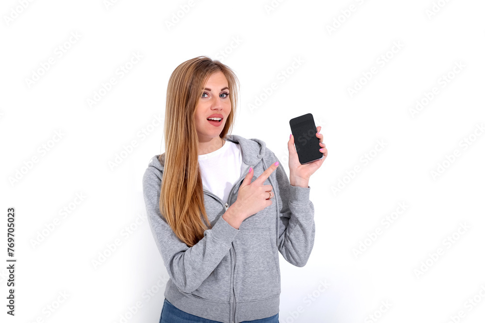 girl with phone on white background