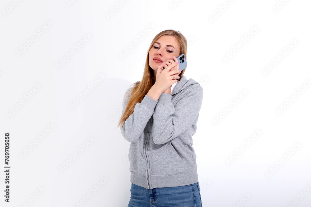 girl with phone on white background girl with phone on white background