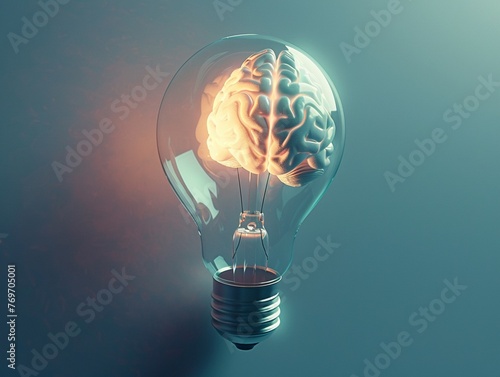 Light bulb with a 3D brain casting dynamic shadows on a soft indigo canvas illustrating the power of thought and creativity