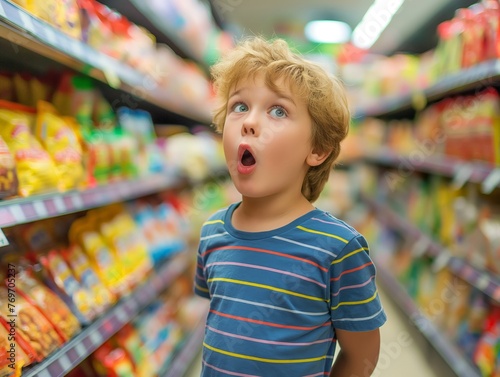 Young child with open mouth expressing wonder in a colorful snack aisle.