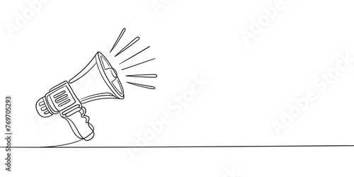Public horn speaker continuous line art drawing isolated on white background. Megaphone, minimal, black and white. Vector illustration