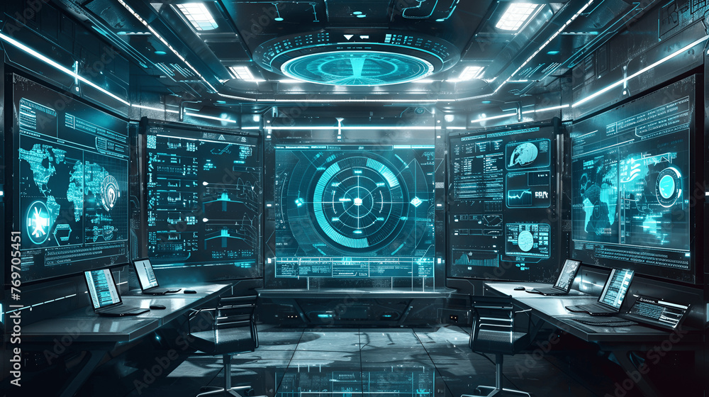 Fototapeta premium Futuristic tech room, Control room technology, super computuers