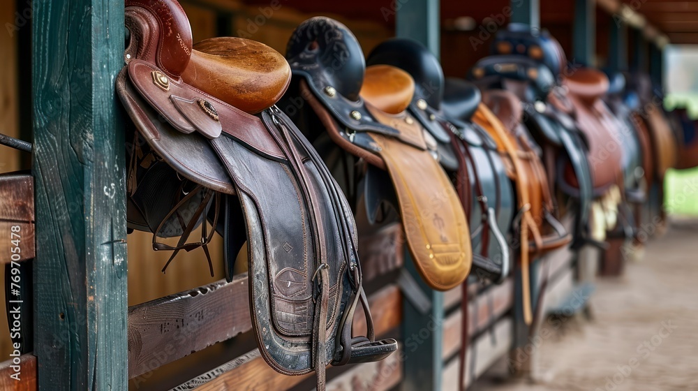 A Line of Horse Riding Saddles Displayed on the Fence of a Rustic Stable