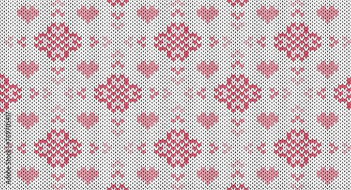 Pink flower and heart knitted pattern, Festive Sweater Design. Seamless Knitted Pattern