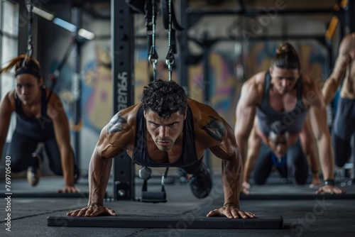 Several individuals are in a gym doing push ups, showcasing strength and endurance during a bodyweight exercise session photo