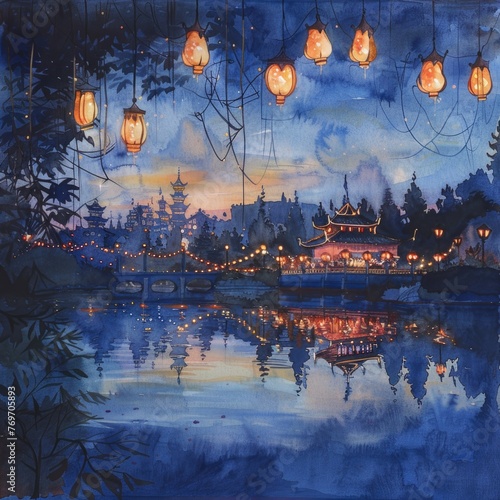 A tranquil watercolor of a theme park at night, lit by lanterns with reflections on a nearby lake