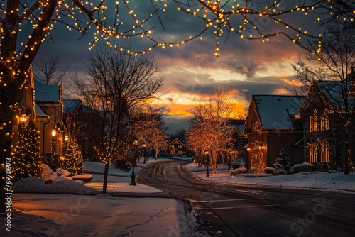 A neighborhood street at dusk aglow with Christmas lights on houses, creating a vibrant and festive atmosphere