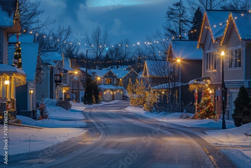 A street covered in snow with Christmas lights illuminating the scene, showcasing the festive decorations on houses