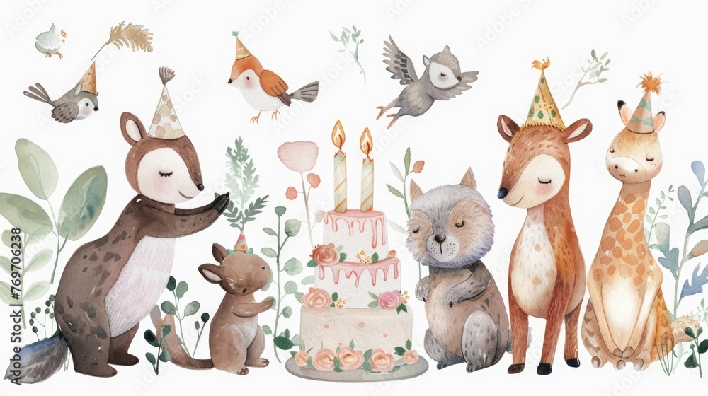A whimsical wall decal with a group of woodland creatures gathered around a birthday cake, in vibrant watercolor shades