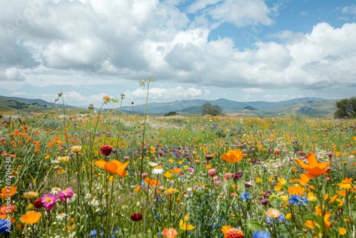 Blooming wildflowers create a vibrant carpet in a vast field under a cloudy sky © Ilia Nesolenyi