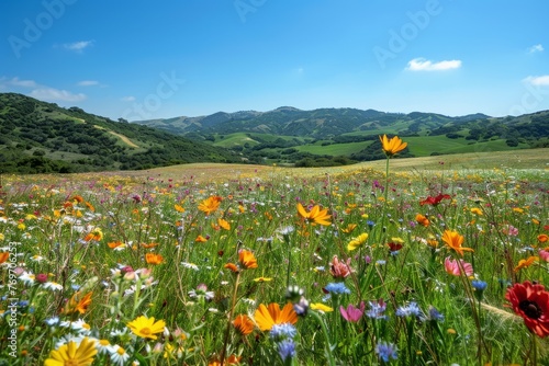 A field of vibrant wildflowers with towering mountains in the background under a clear sky