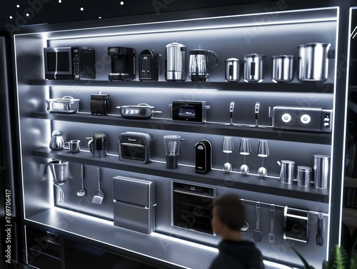 A wall of kitchen appliances and utensils. A person is looking at the wall. Scene is that of a kitchen, with a focus on the various items on display
