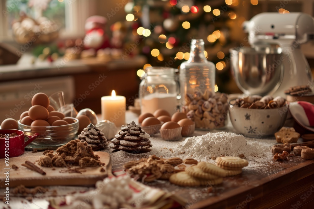 A table abundant with food items beside a decorated Christmas tree in a holiday baking scene