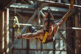 A woman is actively engaging in aerial exercises using TRX suspension straps in a gym setting
