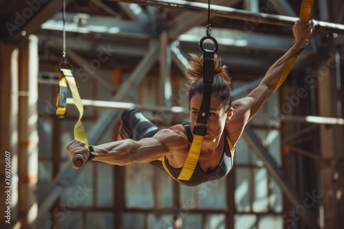 A woman is actively engaging in aerial exercises using TRX suspension straps in a gym setting © Ilia Nesolenyi