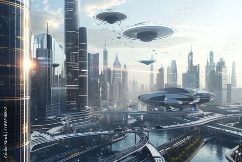 High-tech futuristic city with skyscrapers and advanced transportation systems