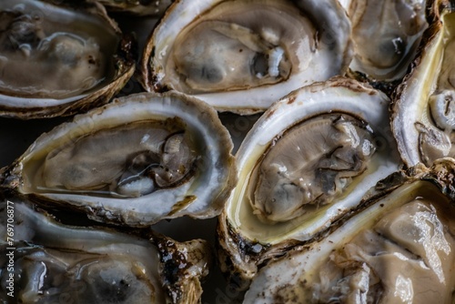Closeup shot of an abundance of oysters in a large pile.