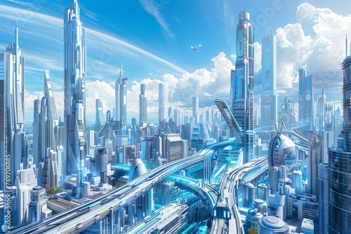 A futuristic city featuring sleek skyscrapers, innovative architecture, a bridge, and cars moving through the high-tech urban landscape