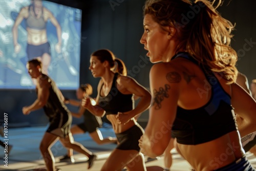 A group of women are energetically running in a gym as part of their High-Intensity Interval Training