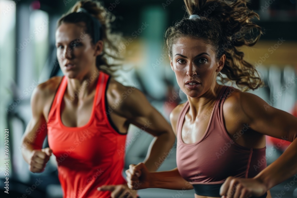 Two women are running side by side on a treadmill in a gym setting