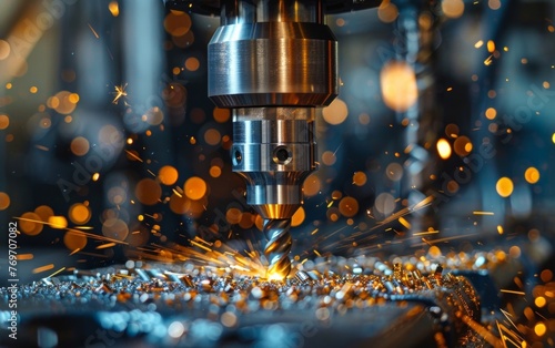 Close-up image of a drill press working on drilling through a steel surface with the focus on the metallic debris produced.