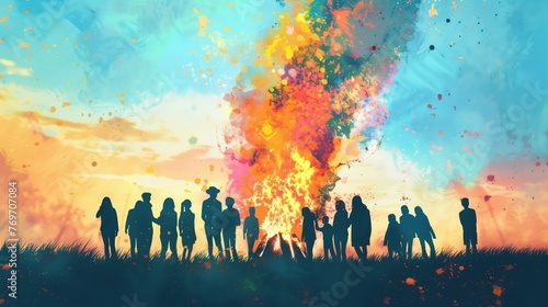 Watercolor illustration of Valborg bonfire celebration in Sweden. Silhouettes of people standing around a bonfire.