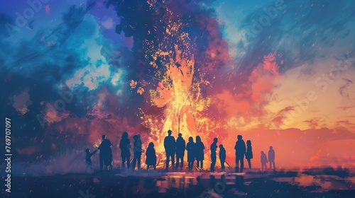 Watercolor illustration of Valborg bonfire celebration in Sweden. Silhouettes of people standing around a bonfire.
