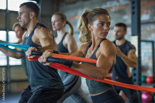 A diverse group of individuals are actively engaged in various exercises at the gym, including using resistance bands for strength training and rehabilitation