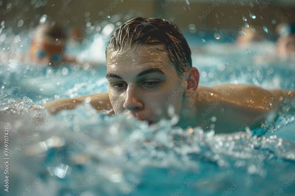 A young man is swimming in a pool of water, displaying his swimming strokes and techniques as part of a workout routine