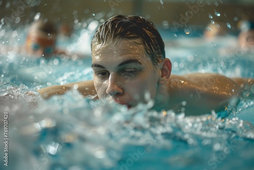 A young man is swimming in a pool of water  displaying his swimming strokes and techniques as part of a workout routine