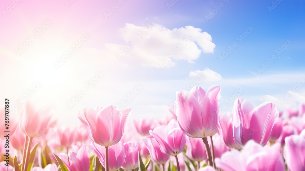 Fototapeta premium Group of pink tulips in the park agains clouds. Spring blurred background postcard